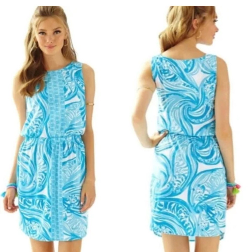 Lilly Pulitzer Blue and White Halter Sheath Midi Dress